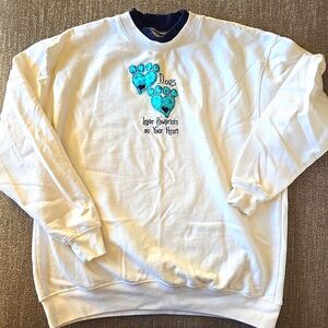Vintage Granny Sweatshirt Dogs Pawprints Heart Puppy White Blue Collar XL